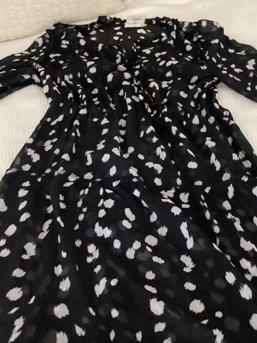 Tinsel Black Long-Sleeve V-Neck Dress with White Spot Print